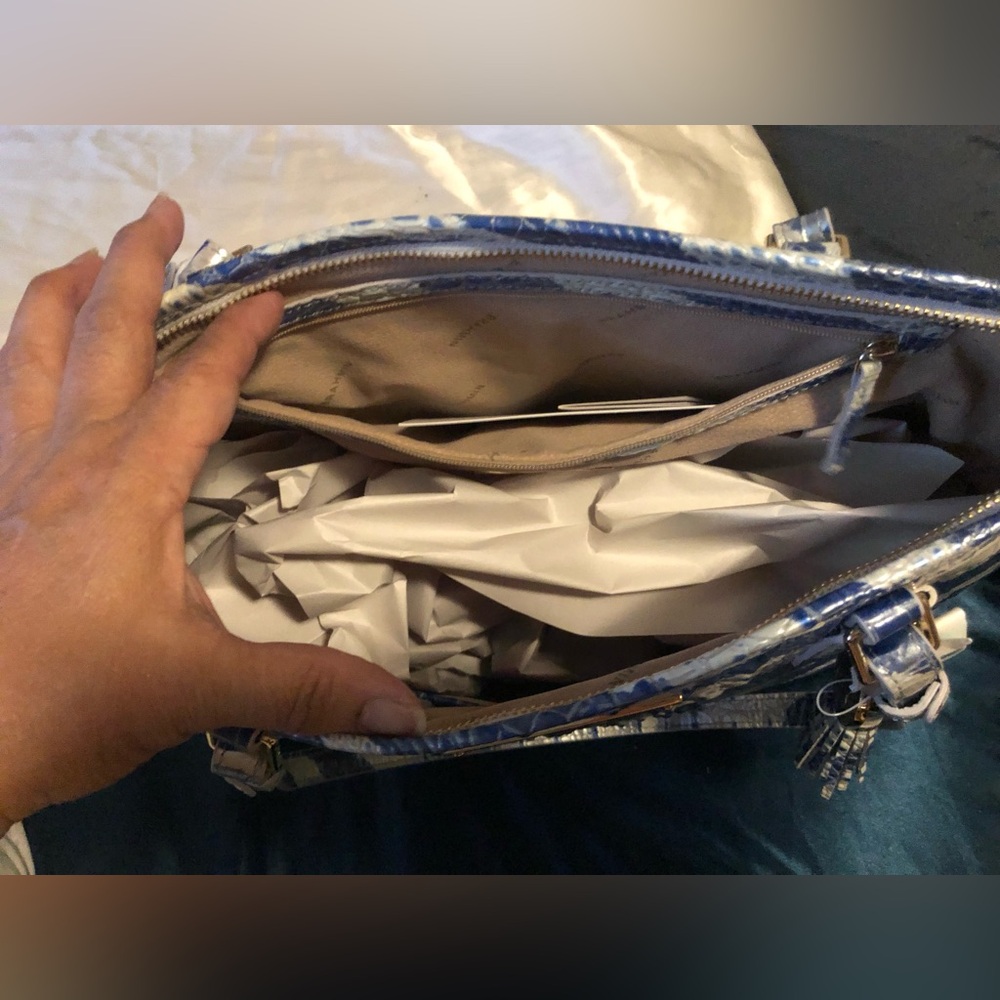 New Brahmin Blue & White Croc-Embossed Leather Tote - Picture 8 of 14